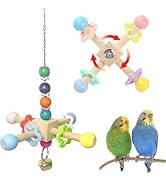 2pcs Bird Spinner Toys for Parrots with Bells, Natural Wood Parakeet Toys for Cage, Bird Cage Acc...