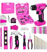 64PCS Pink Tool Set with Cordless Drill, 8V Power Drill and Pink Tool Kit for Women, 3/8"Keyless ...