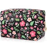 Floral Waterproof Makeup Bag, Leather Cosmetic Bag with Compartments, Zipper Make up Pouch Organi...