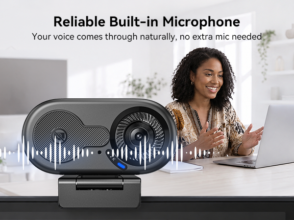 2K Webcam for PC with built-in mic captures clearer voice than laptop audio without extra gear