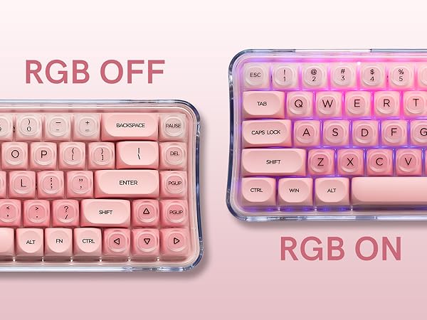 RGB off (showing a simple pink look) and RGB on (emitting colorful lights through the keycaps)