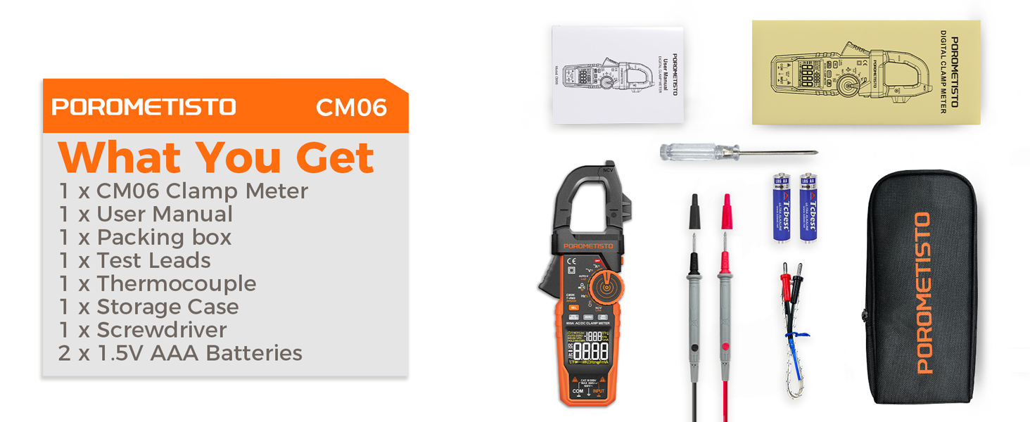 CM06 Clamp Meter Test Leads Thermocouple Storage Case Screwdriver Batteries