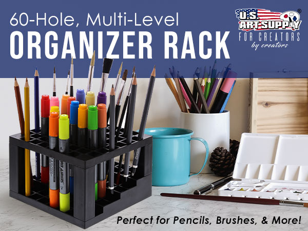 Durable 60-slot marker holder for storing paint brushes, pens, and colored pencils efficiently