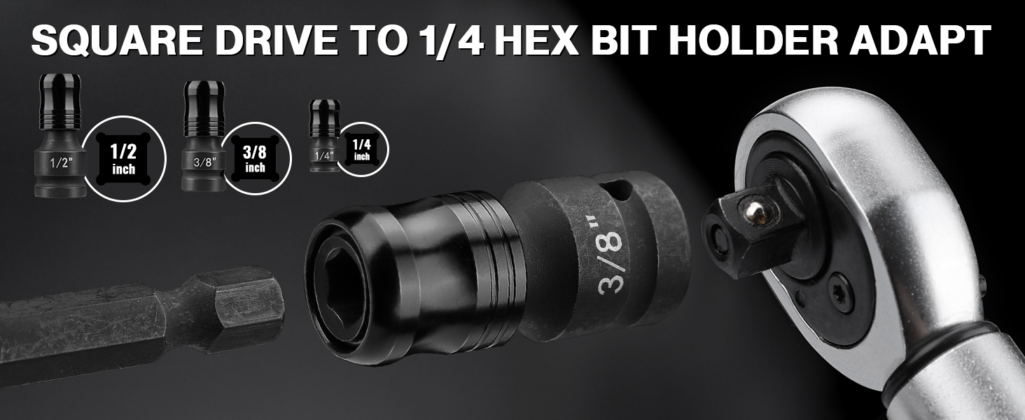 1/2" 3/8" 1/4" Square to 1/4 Hex Adapter