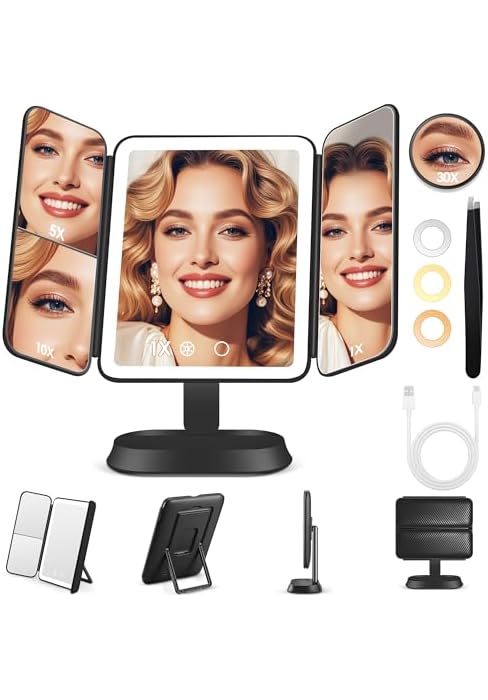 GOMIPURU Makeup Mirror with Lights and 30X/10X/5X Magnification, Vanity Mirror with 3 Color Light...