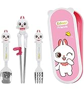 Edison Friends Rabbit Stainless Steel Chopsticks, Spoon, Fork and Case 4 Set, Chopsticks Training...