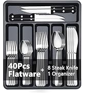 BEWOS 49-Piece Silverware Set with Organizer - Stainless Steel Silverware Set with 5 Compartment ...