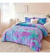 PERFEMET Fuzzy Girls Twin Comforter Set 3 Pieces Colorful Purple and Teal Faux Fur Fluffy Bedding...