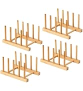 HBlife 4pcs Bamboo Dish Plate Bowl Cup Book Pot Lid Cutting Board Drying Rack Stand Drainer Stora...