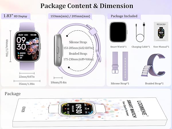 Text reads 'Package Content & Dimension'. Product diagram showing smartwatch specifications and included accessories: watch face, charging cable, and bands with measurements indicated.