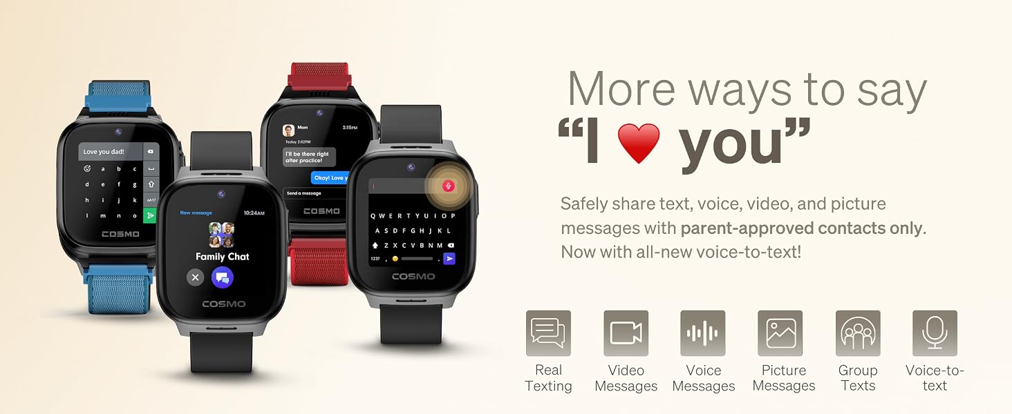 texting predictive voice-to-text pictures audio group chat parent-approved