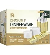 600pcs Plastic Dinnerware Set 100 Guest, Gold Plastic plates for party, Gold Party Plates Sets Fo...