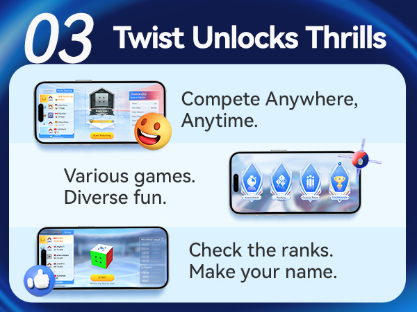 Mobile game interface showcasing multiple features: competitive play, various game types, and ranking system. Includes emoji and icons representing different game modes and social elements.