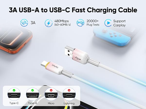 XiAyriky Pink USB A to C 3A fast charging braided cable, CarPlay & 480Mbps data transfer