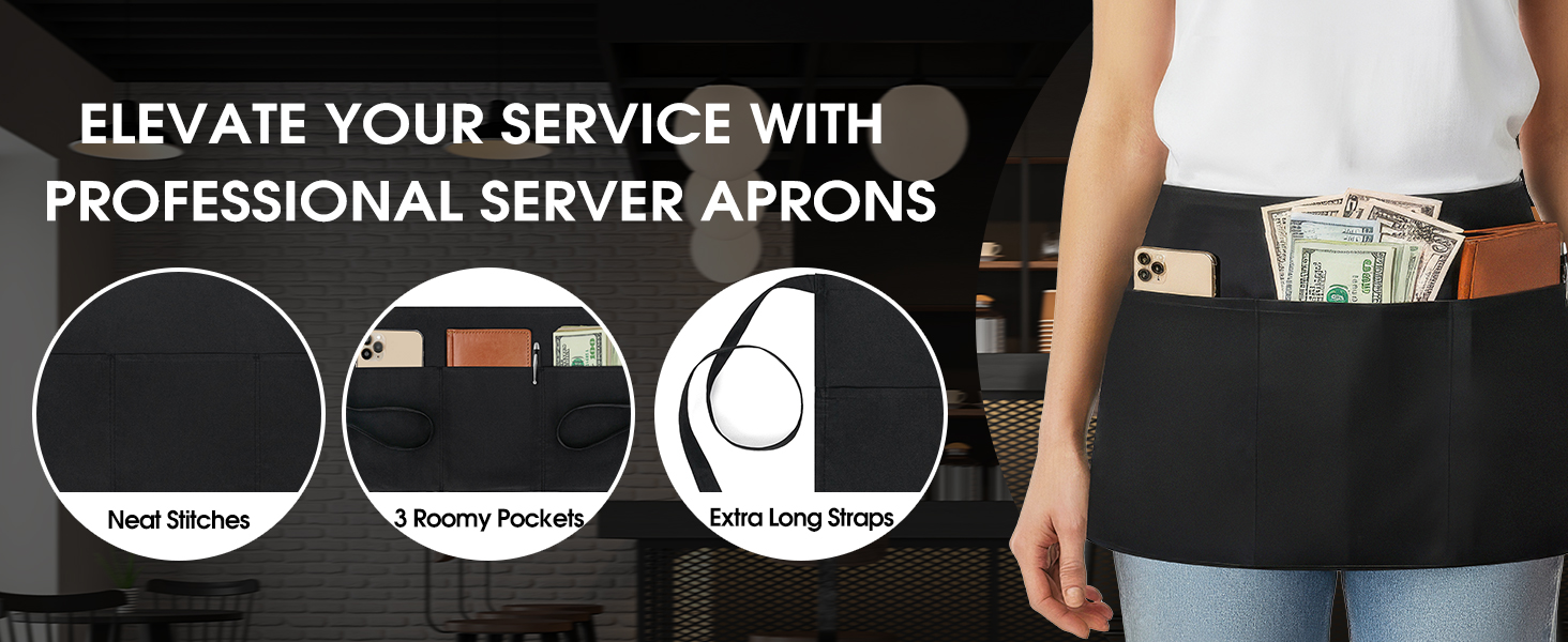 Waitress Apron With 3 Pockets-Black Server Aprons-Waiter Short Half Waist Servers Apron