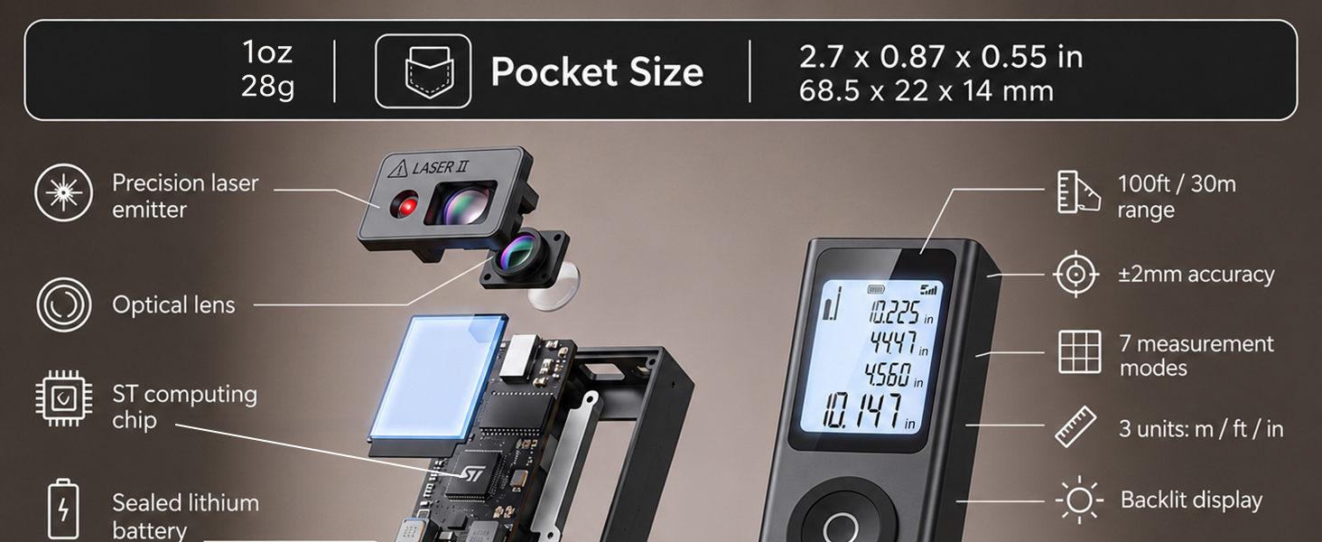 Exploded laser distance meter showing laser emitter, lens, chip, and battery with 30m range