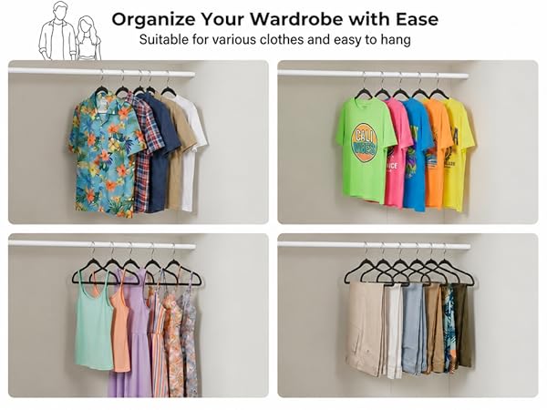 Black plastic hangers: lightweight, rustproof, with rotating hook & shoulder notches