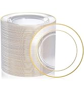 FOCUSLINE 100 Count Clear Gold Plastic Plates 7 Inch, Disposable Heavy Duty Clear Plates with Gol...