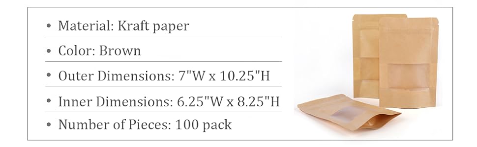 Kingrol 100 Count 7 x 10.25 Inch Kraft Paper Bags with Resealable Lock Seal Zipper