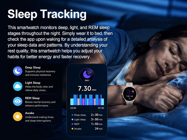 Smartwatch tracks deep, light, REM sleep and awake time. Check sleep data in app.