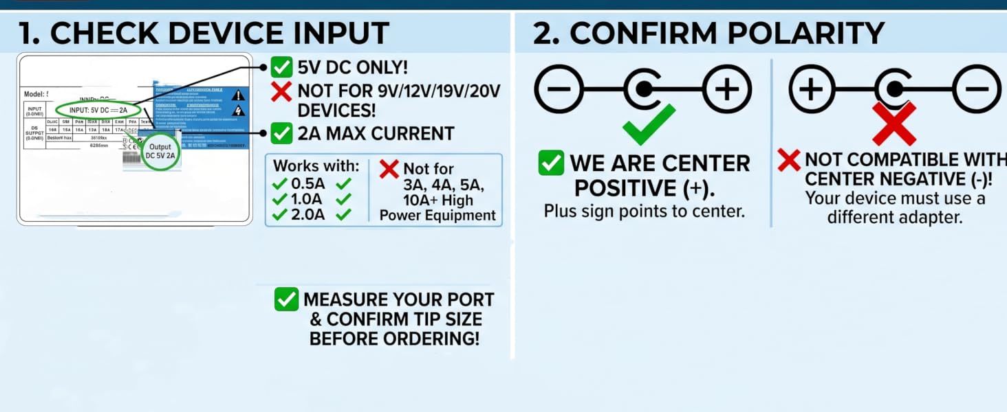 replacement for charger requires dc in 5v power cord 2A max output