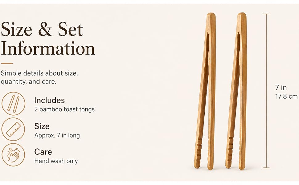 2-piece bamboo toast tongs with 7 inch size and hand wash care information