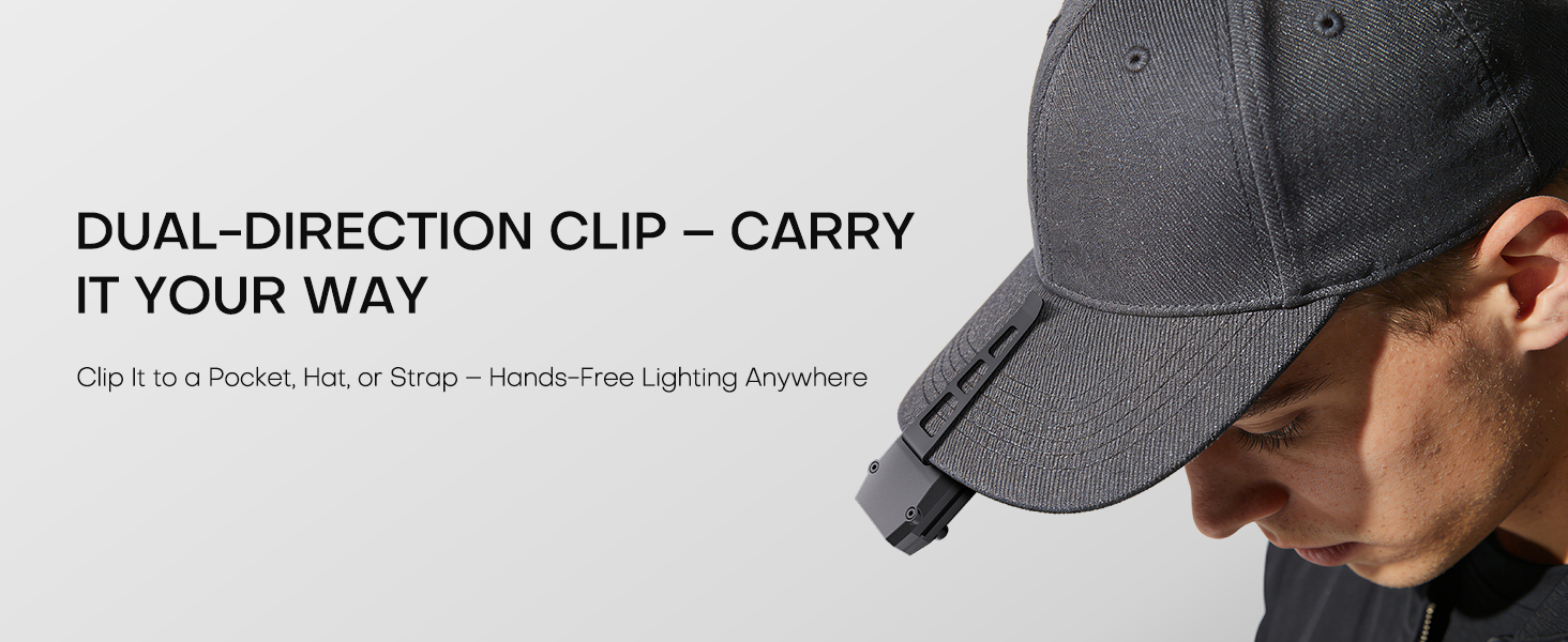 The dual-direction pocket clip allows flexible attachment to pockets, belts, or caps.