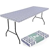 misaya 2 Pack 6 Foot Rectangle Picnic Tablecloth, Elastic Fitted Waterproof Table Cover, Windproo...