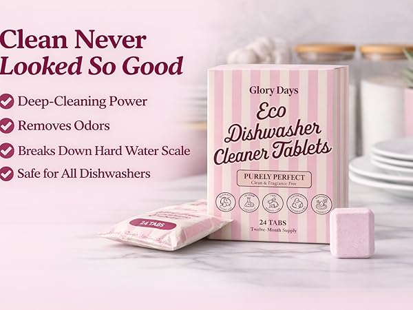 Eco dishwasher cleaner tablets displayed on a kitchen counter with clean plates and glassware
