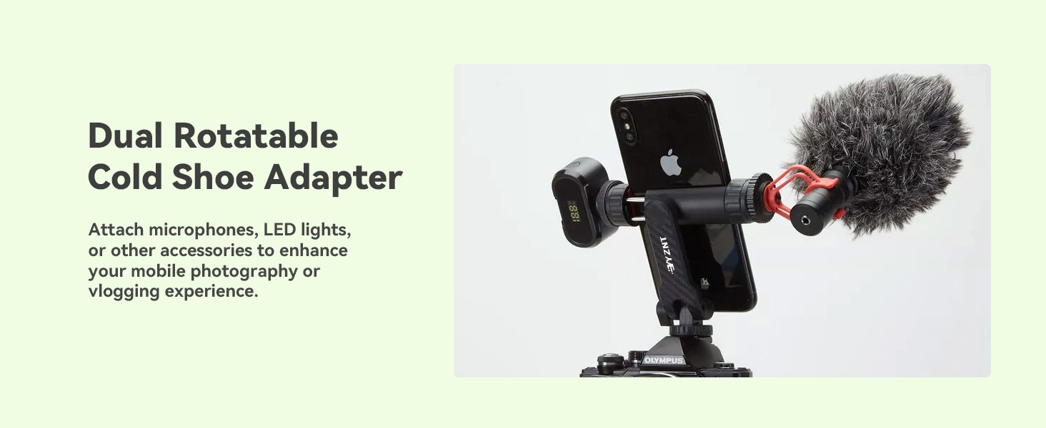 Text reads 'Dual Rotatable' and 'Cold Shoe Adapter'. Product photos showing various angles of camera mounting accessories and microphone attachments in black.