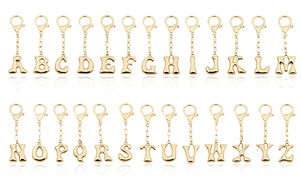 26 golden inflatable letter keychains (A-Z) highlighting full alphabet options for customization.