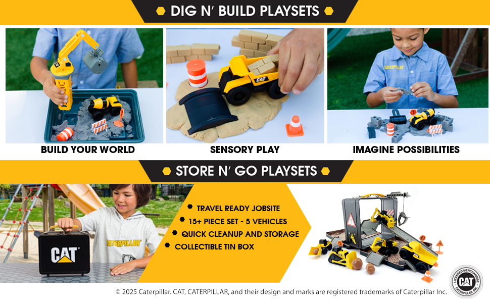 A boy playing with cat construction toy playset with crane and compound. A carrying case for playset