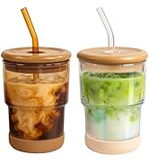 Zukro 13oz/400ml Glass Iced Coffee Cup with Bamboo Lid and Straw, Rubber Base, Reusable Thick Wal...