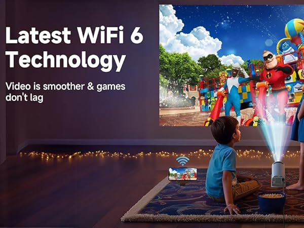 TV display showing colorful playground scene. Text overlay: 'Latest WiFi 6 Technology' with icons for streaming, gaming, and browsing.