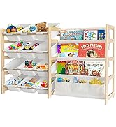 EXPERLAM Toy Storage Organizer with Bookshelf - 12 Storage Bins 4-Tier Multipurpose Shelf to Orga...