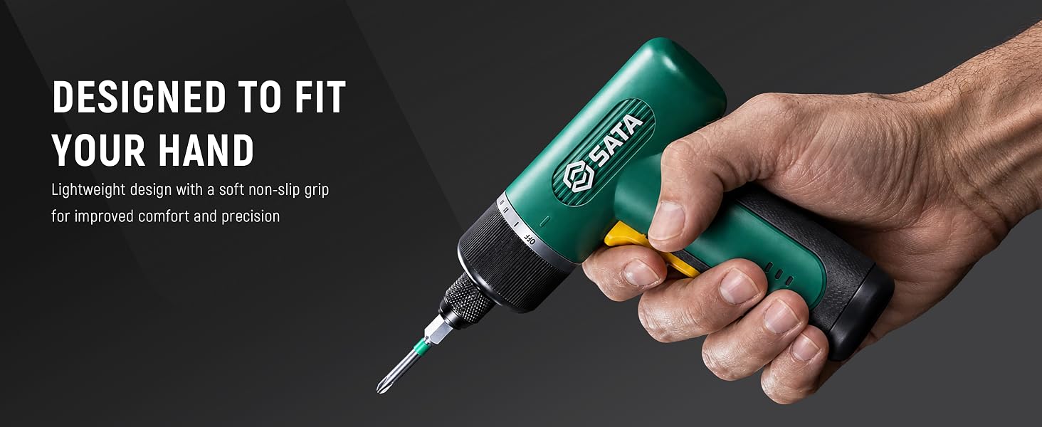 Ergonomic cordless screwdriver with comfortable non-slip grip