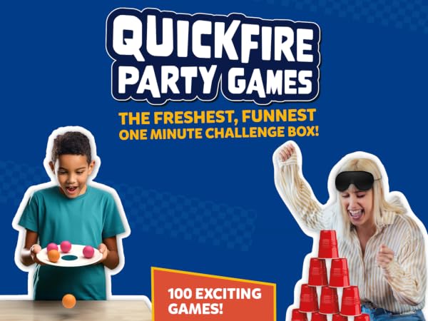 QuickFire Party Games promotional image showing stacked red cups and text advertising '100 exciting games' with 'The freshest, funnest one minute challenge now!'