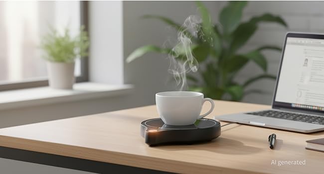 ZenthermoRui black cup warmer on tidy home desk with laptop and ceramic mug