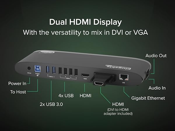 Plugable USB 3.0 Universal Docking Station with dual HDMI, VGA, or DVI compatibility for displays