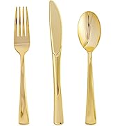 FOCUSLINE 75 Pack Gold Plastic Silverware Disposable Cutlery Set - 25 Forks, 25 Knives, 25 Spoons...