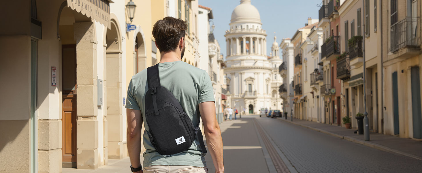 A person wearing a black crossbody bag walks down a picturesque European street. The bag appears compact and practical for urban exploration or travel.