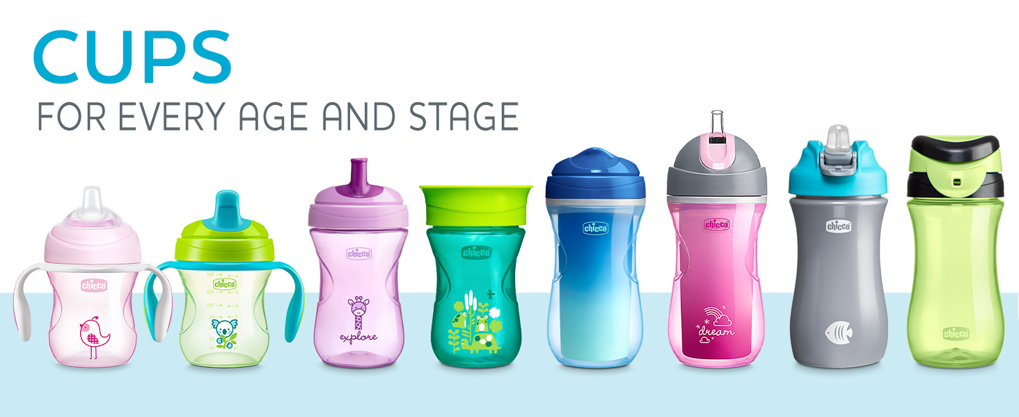 Chicco cup line up showing one color of each style cup