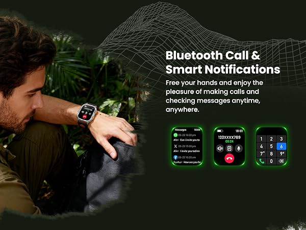 Text reads 'Bluetooth Coil & Smart Notifications'. Multiple screenshots showing smartphone app interface with various features and settings displayed in white and green text.