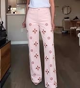 Women's Casual Straight Leg Pearl Embellished Jeans Summer High Waisted Denim Pants with Floral O...