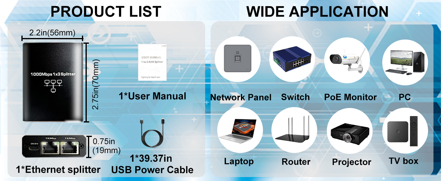 Gigabit Ethernet Splitter 1 to 2 High Speed, 1000Mbps Internet Splitter
