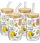 DWTS DANWEITESI Glass Cups with Lids and Straws with Design 4 pcs(Daily Reminder),Clear Glass Cup...