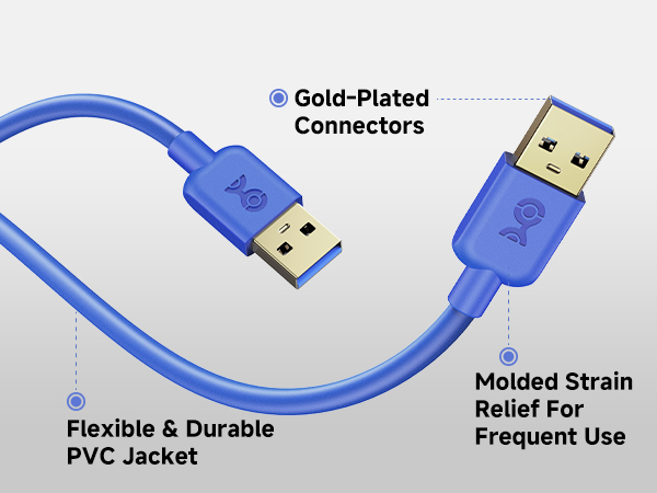 Male to male USB 3.0 cable with gold-plated connectors for error-free data.