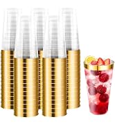 100 Pcs Gold Plastic Tumblers - 16 oz Clear and Gold Rim Plastic Wine Cups, Big Size Fancy Dispos...