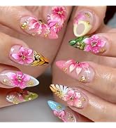 24Pcs Colorful Flowers Press On Nails Almond Shape, Medium French Tip Fake Nails with Pink Floral...
