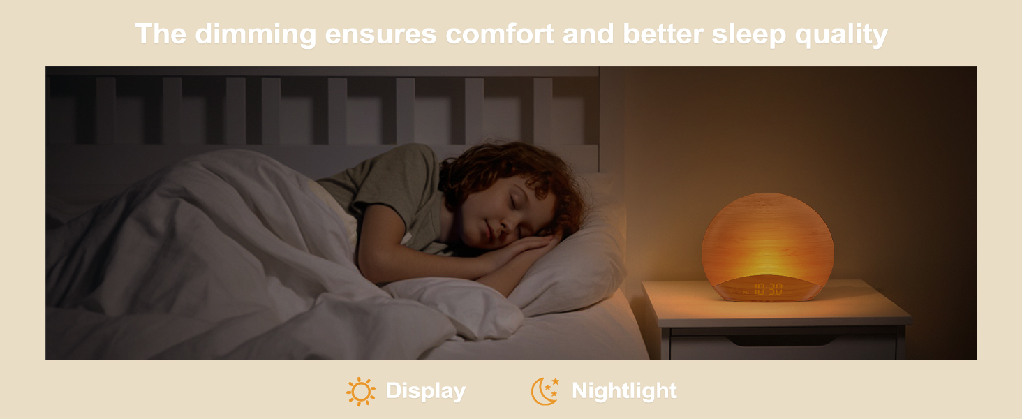 Sunrise Wake Up Light Alarm Clock with 0-100% Display Dimmer